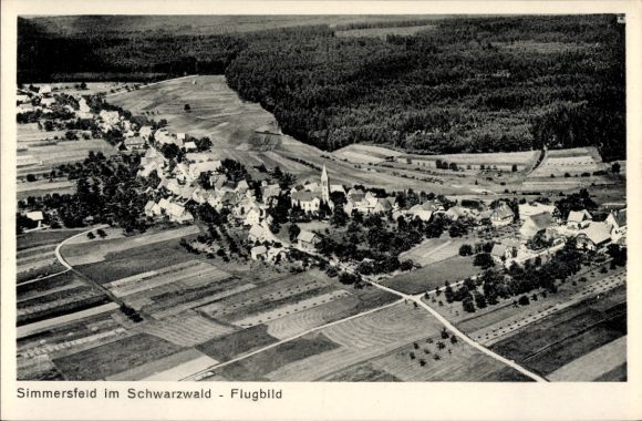 Postcard Simmersfeld in the Black Forest, aerial view of Simmersfeld, Black Forest, rural surroundings, river