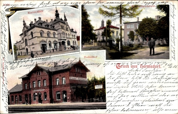 Postcard Hermsdorf in Thuringia, Ratskeller, train station
