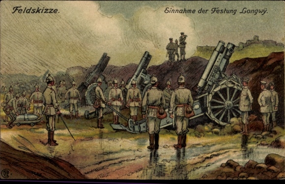 Postcard Longwy Haut Meurthe et Moselle, capture of the fortress, German artillery firing on the fort...