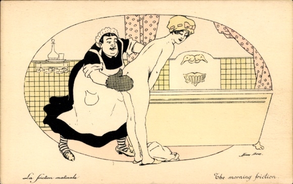 Artist Postcard Sager, Xavier, Naked lady being washed by the maid