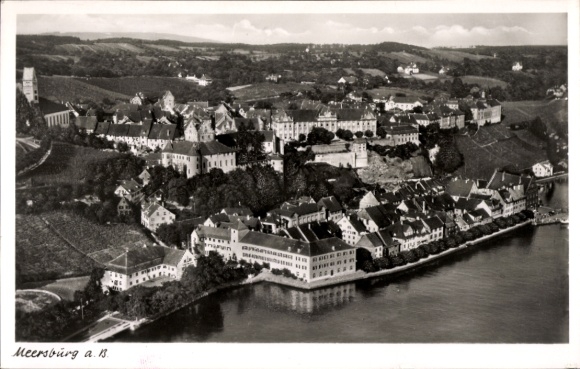 Postcard Meersburg on Lake Constance, aerial view of historical buildings, Lake Constance