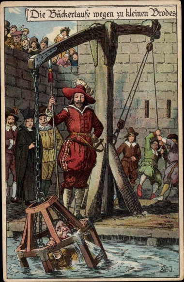 Künstler Litho Jodolfi, Die Bäckertaufe wegen zu kleinen Brotes, Strafen im Mittelalter