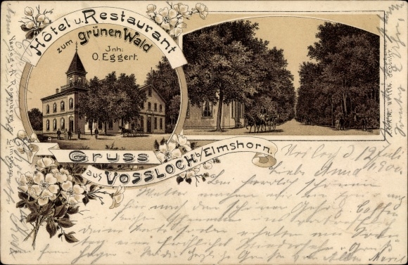 litho Vossloch Bokholt Hanredder in Sleeswijk-Holstein, Hotel en Restaurant zum Grüne Wald