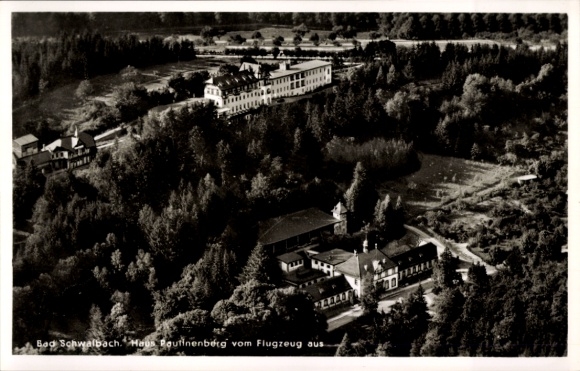 Postcard Bad Schwalbach im Taunus, aerial photograph, Haus Routinenberg, forests, buildings