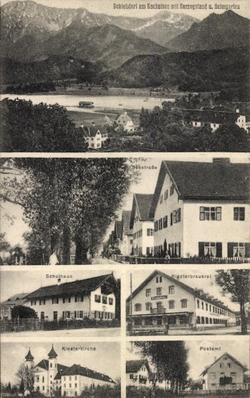 Postcard Schlehdorf am Kochelsee Upper Bavaria, school, monastery brewery, monastery church, post office, panorama