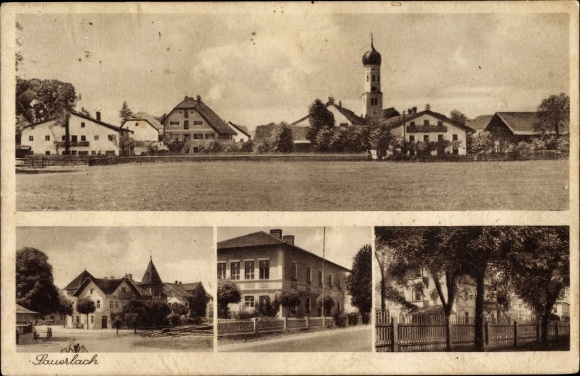 Postcard Sauerlach in Oberbayern, church, view of the village and surroundings