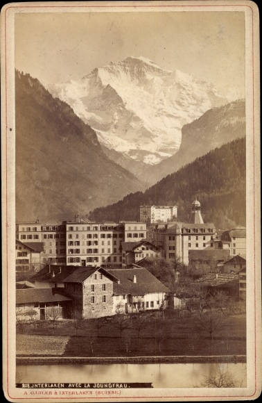 Cabinet photo Interlaken Kt Bern Switzerland, town view with Jungfrau