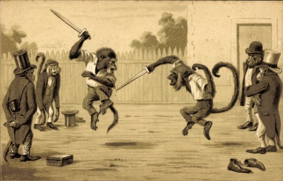 Embossing Postcard baboons as swordsmen, tailcoats, top hats, humanized monkeys