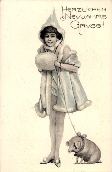 Happy New Year, girl with coat and fur muff, pig on a leash