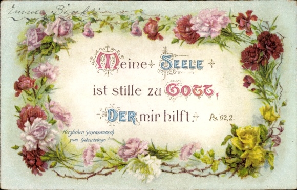 Postcard My soul is silent to God, Ps. 62 2, carnations