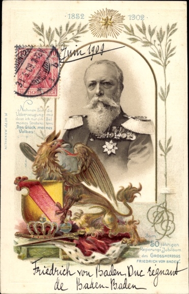 Präge Wappen Passepartout Litho Großherzog Friedrich I. von Baden, Portrait