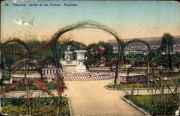 Postcard Valencia City Spain, Jardin de los Viveros, Rosaleda, garden, fountain