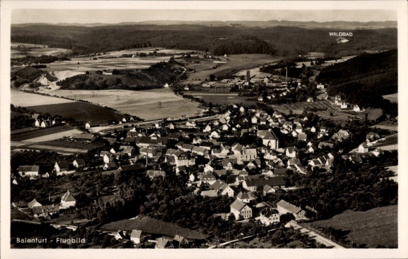 Postcard Baienfurt in Upper Swabia Württemberg, aerial view of forest pool, natural landscape, huts