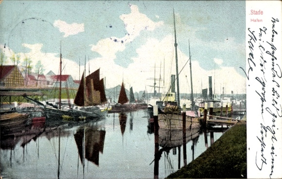 Postcard Stade in Lower Saxony, harbor, boats