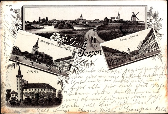litho Jessen in Saksen-Anhalt, marktplein, lange straat, stadskerk, kasteel