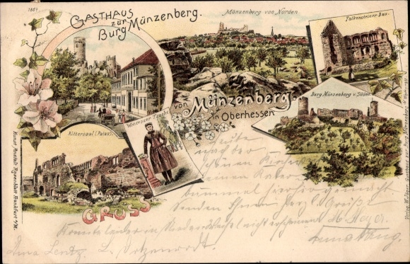 Chromo-Litho Munzenberg in Hesse, inn at Munzenberg Castle, knight&#39;s hall, ruins, costume