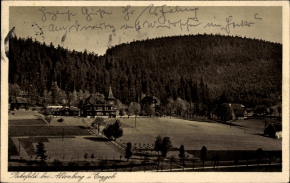 Postcard Rehefeld Zaunhaus Altenberg in the Ore Mountains, mountain landscape, several buildings, forest in the background