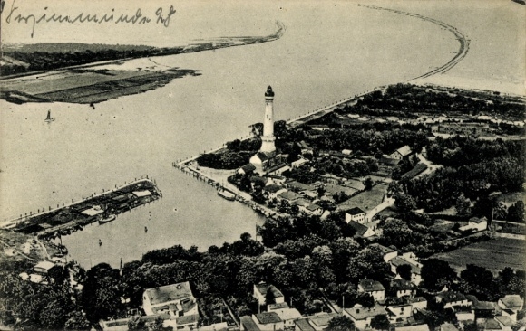 Postcard Chorzelin Easter Harbor Świnoujście Swinemünde Pomerania, aerial photograph with lighthouse