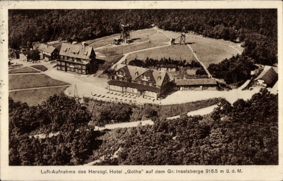Postcard Brotterode in Thuringia, Großer Inselsberg, aerial view of the Ducal Hotel Gotha, hotel building