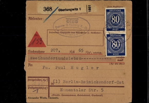 Michel No. 935 (2) on cash on delivery parcel card