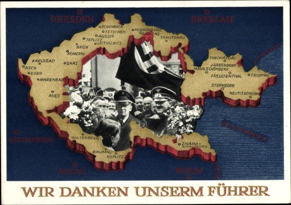 Postal stationery Postcard We thank our leader, Sudetenland, Bohemia, Moravia, Hitler