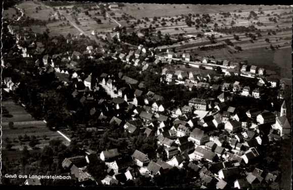 Postcard Langensteinbach Karlsbad in Baden, aerial view of the town, many roofs, green landscape