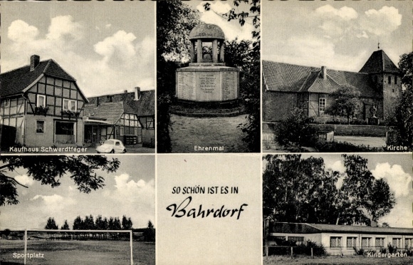 Postcard Bahrdorf district of Helmstedt, Schwerdtfeger department store, cenotaph, kindergarten