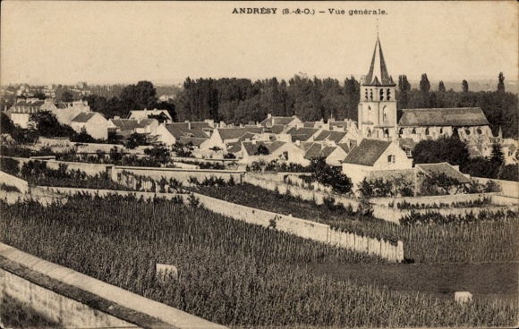 Ak Andrésy Yvelines, Darstellung von  Häuser und Kirchturm sichtbar