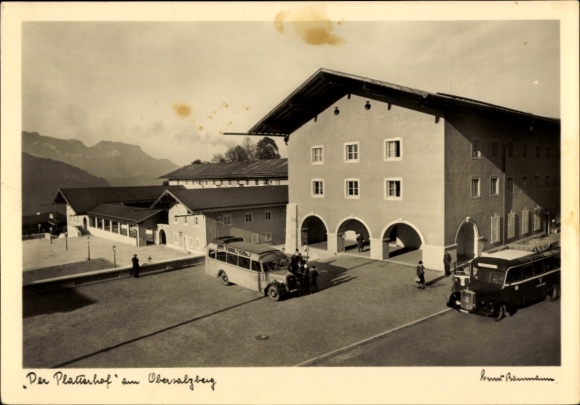 Ak Obersalzberg Berchtesgaden in Oberbayern, Gasthaus Der Platterhof, Reisebusse