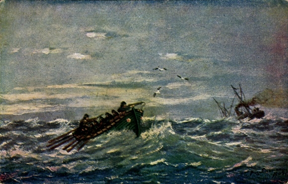 Postcard Sea Rescue, Lifeboat, Ship