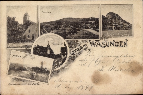 Postcard Wasungen in the Thuringian Forest, panorama, town hall, women&#39;s monastery, Burghof Maienluft