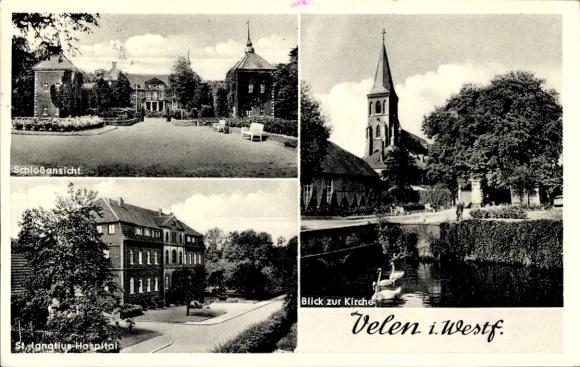Postcard Velen in Münsterland Westphalia, church, castle, St. Ignatius Hospital