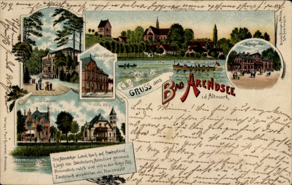 Chromo-Litho Arendsee Altmark, Kurhaus, Klosterkirche, Ville Reip, School, Deepe Deel
