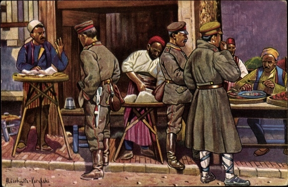 Artist PC Lüschwitz Koreffski, Skopje Macedonië, straatleven, soldaten, straatverkopers