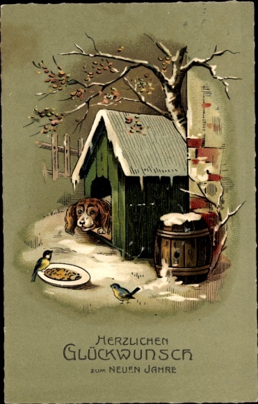 Ak Glückwunsch Neujahr, Hundehäuschen, Vögel