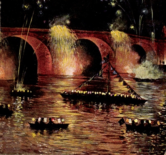 Künstler Ak Hoffmann, H., Heidelberg am Neckar, Schlossbeleuchtung, Boote, Viadukt