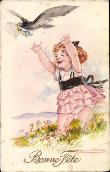 Kunstenaar Ak Mauzan, gefeliciteerd met verjaardag, meisje, postduiven, bloemenweide