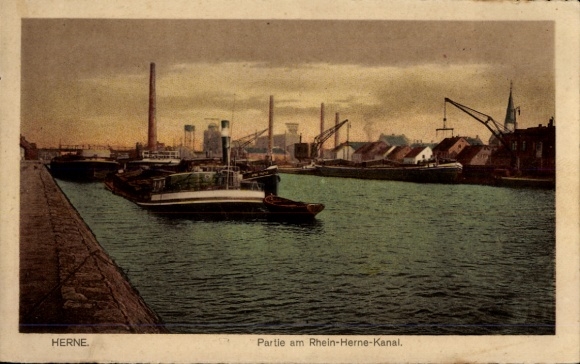 Ak Herne im Ruhrgebiet Westfalen, Postkarte, Rhein-Herne-Kanal, Schiffe, Industrieanlagen, Lan...