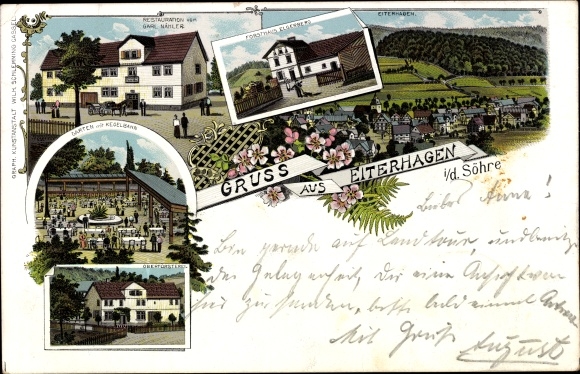 Chromo-Litho Eiterhagen Söhrewald in Hesse, Oberförsterei, Restaurant Carl Nähler, Forsthaus Elgerberg