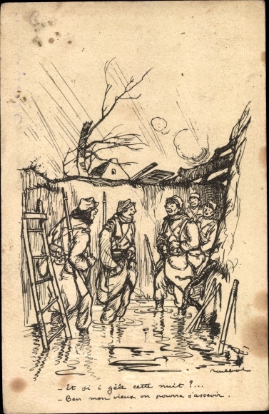 Artist PC Poulbot, Francisque, French soldiers in the trenches