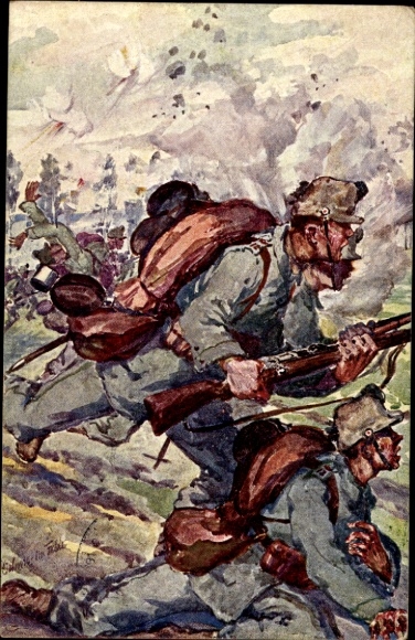 Künstler Ak Schlachtfeld, Soldaten, Gewehr, I. WK