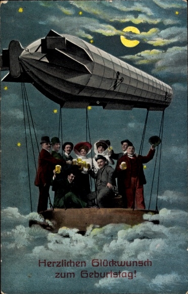 Postcard Happy Birthday, Celebration in the Zeppelin