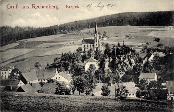 Ak Rechenberg Bienenmühle Erzgebirge, Blick über den Ort, Kirche, Wohnhäuser