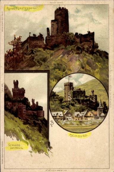 Artist Postcard Carl Biese, Rheindiebach Oberdiebach am Rhein, Ruin Fürstenberg, Heimburg, Sonneck