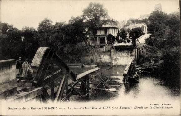 Postcard Auvers sur Oise Val d'Oise, destroyed, blown up bridge