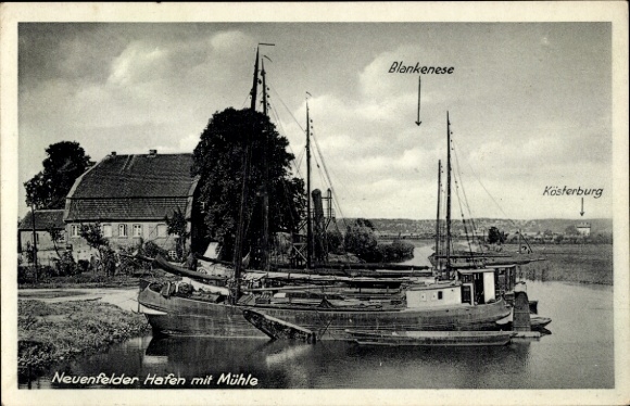 Postcard Hamburg Harburg Neuenfelde, harbor with mill, Blankenese, Kösterburg