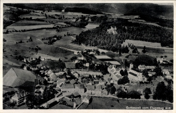 Postcard Gotteszell in Lower Bavaria, aerial photograph of rural surroundings, colorless, older style