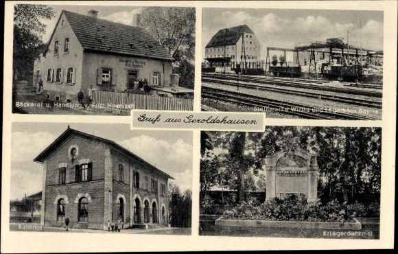 Postcard Geroldshausen Unterfranken, station track side, bakery and shop, stoneworks