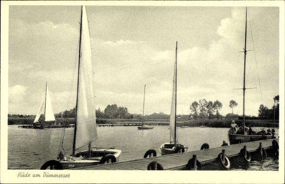 Ak Hüde am Dümmer Nedersaksen, kavel in de haven, zeilboten