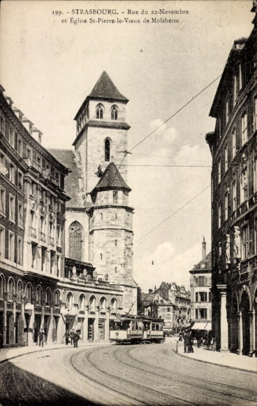 Postcard Strasbourg Straßburg Alsace Bas Rhin, street with tram, church St-Pierre-le-Vieux, building